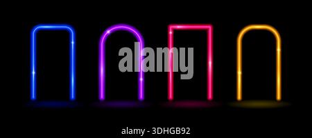 Rettangolo al neon e cornici ad arco. Bordi luminosi colorati. Concetto di portale luminoso. Porte futuristiche rettangolari e curve ad arco. Elementi illuminati vettoriali per poster, banner, brochure Illustrazione Vettoriale