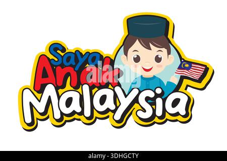 Carino cartone animato maschile malese che indossa il tradizionale Baju Melayu con bandiera malese con scritta Saya Anak Malaysia. Perfetto per Merdeka, il giorno della Malesia Illustrazione Vettoriale