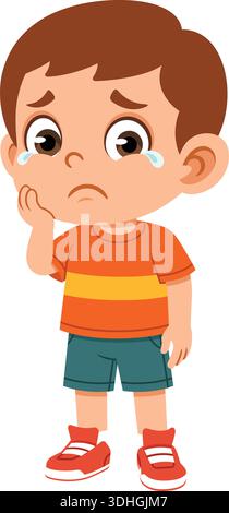 Illustrazione dal design piatto di un ragazzo triste che tiene la guancia con un'espressione delusa. Illustrazione Vettoriale