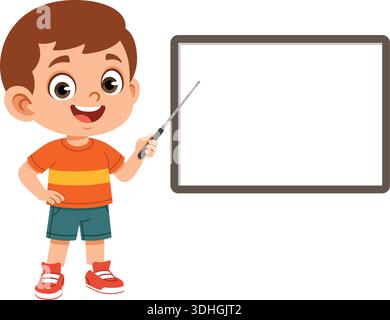 Illustrazione dal design piatto di un ragazzo che dà una presentazione con un puntatore. Illustrazione Vettoriale
