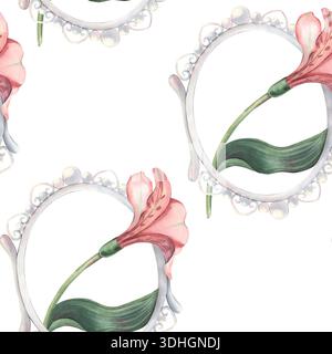 Motivo senza cuciture, montatura ovale in perla vintage, alstroemeria. Illustrazione ad acquerello dipinta a mano isolata su bianco per tessuti, imballaggi, cancelleria Foto Stock