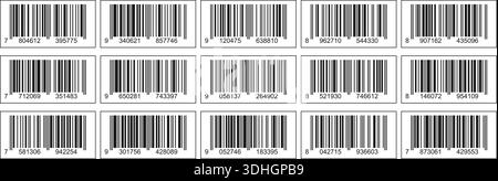 Set di etichette con codici a barre con numeri. Raccolta di etichette rettangolari con codice a barre per la vendita al dettaglio per l'imballaggio e l'inventario dei prodotti Illustrazione Vettoriale