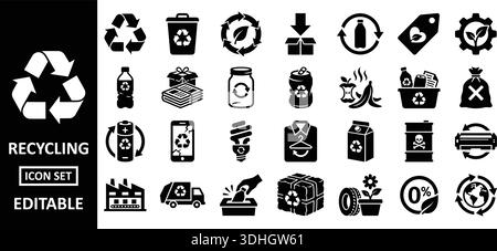 Raccolta di icone di riciclaggio in bianco e nero con simboli ecologici per diverse applicazioni. Ideale per progetti di progettazione ambientale. Illustrazione Vettoriale