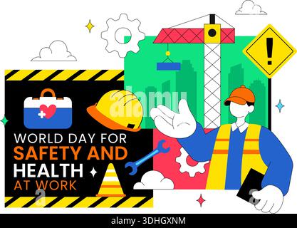 Giornata mondiale per la sicurezza e la salute sul lavoro illustrazione del vettore aprile 28 con strumenti meccanici casco da costruzione sfondo piatto di cartone animato Illustrazione Vettoriale