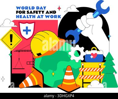 Giornata mondiale per la sicurezza e la salute sul lavoro illustrazione del vettore aprile 28 con strumenti meccanici casco da costruzione sfondo piatto di cartone animato Illustrazione Vettoriale