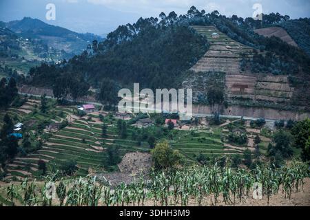 L'area residenziale collinare del Ruanda a Kibihekane nel distretto di Nyabihu. Il paesaggio rende il Ruanda una terra abbastanza montuosa, terra di mille colline. Foto Stock