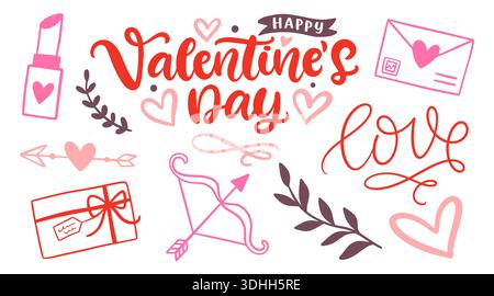 Set di elementi di design con icone Doodle di San Valentino Illustrazione Vettoriale