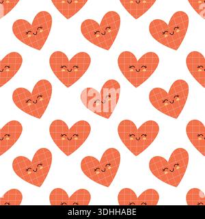 Carino motivo a cuore arancione senza cuciture con volti sorridenti in stile Kawaii Illustrazione Vettoriale