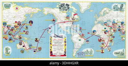 Missione compiuta: Percorso dell'Atlas Sky Merchant - Mappa del mondo degli anni '1940 che illustra il percorso di volo globale - mappa pittorica Foto Stock