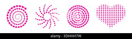 Elementi di design a cuore in stili a spirale, cerchio e mezzitoni. Forme geometriche romantiche fatte di piccoli cuori, ideali per le carte di San Valentino, l'amore Illustrazione Vettoriale