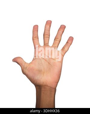 Mano aperta sollevata, uomo afroamericano che mostra un gesto con le dita allungate a distanza. Linguaggio del corpo umano che simboleggia il saluto, il raggiungimento di e. Foto Stock