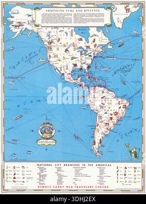 Questa mappa vintage degli anni '1930, intitolata "Shrinking Time and Distance", illustra le rotte aeree attraverso il Nord e il Sud America e mette in evidenza le filiali della National City Bank. La colorata mappa illustrativa raffigura vari elementi che rappresentano le caratteristiche geografiche e le industrie di diverse regioni, promuovendo la connettività globale e i servizi bancari. Foto Stock