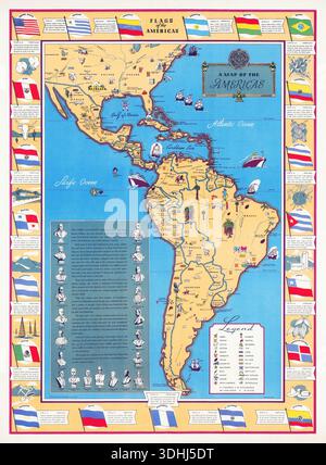 Questa colorata mappa pittorica degli anni '1940, intitolata "Flags of the Americas", illustra i paesi del Nord e del Sud America, concentrandosi in particolare sull'America Latina. La mappa è delimitata dalle bandiere di varie nazioni americane e presenta ritratti cameo di figure storiche, oltre a rappresentazioni stravaganti di monumenti, industrie e fauna selvatica in tutti i continenti. Foto Stock