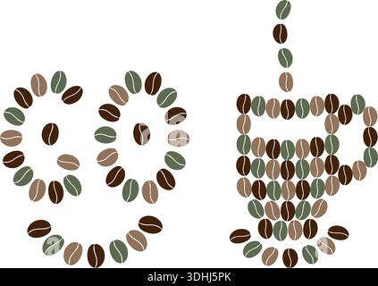 Bel sorriso e tazza da caffè con piattino e vapore in fagioli di caffè multicolor. Illustrazione vettoriale isolata icona adesivo logo carte motivazionali o elementi di design Coffee Day Illustrazione Vettoriale
