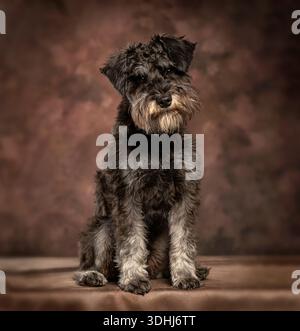 Cane schnauzer in miniatura in posa per un ritratto in uno studio con sfondo marrone Foto Stock