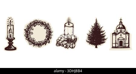 Set di simboli simbolo del Natale cristiano con candele dell'avvento, candele della chiesa, albero di Natale e collezione di ritiro del monastero della cappella. Vettore disegnato a mano Illustrazione Vettoriale
