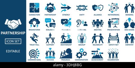 Icone vettoriali che illustrano i concetti di partnership, lavoro di squadra e collaborazione. Utile per illustrare temi aziendali, strategici aziendali e di lavoro di squadra. Illustrazione Vettoriale