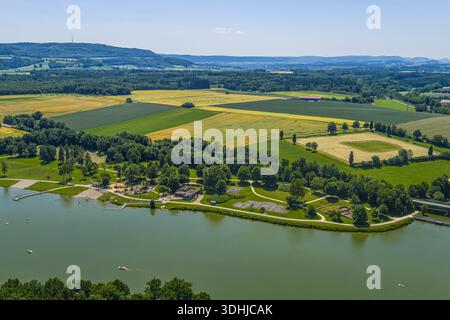 Vista dall'alto dell'area ricreativa Bucher SEE nella valle di Jagst vicino a Ellangen nella parte orientale di Württemberg Foto Stock