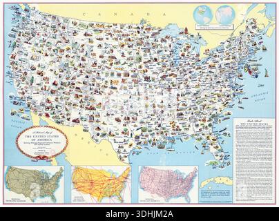 Questa vibrante mappa pittorica degli Stati Uniti d'America a partire dalla metà del XX secolo, probabilmente dagli anni '1940 o '1950, è stata pubblicata dal Dipartimento di Stato di Washington, D. C. illustra in modo affascinante le principali risorse regionali, i prodotti e le caratteristiche naturali in tutta la nazione, offrendo un viaggio visivo unico attraverso la geografia e l'industria americana con illustrazioni giocose. Foto Stock