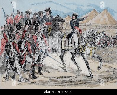 La battaglia delle Piramidi. Luglio 21 ,1798 durante l invasione francese sull'Egitto. Rivoluzione francese guerre. 'Napoleone con le sue truppe". Foto Stock