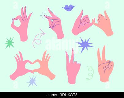 Set di mani colorate con diversi gesti e segni. Illustrazioni vettoriali disegnate a mano, mani che mostrano amore e amicizia, posizioni diverse di Illustrazione Vettoriale