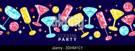 Sfondo orizzontale senza cuciture vettoriale, cocktail multicolore con texture da disco ball specchiata. Striscione per la festa serale, poster con champagne, bicchiere di martini Illustrazione Vettoriale
