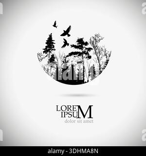 Estrazione circolare di alberi e uccelli . disegnato a mano. Non ai, illustrazione vettoriale Illustrazione Vettoriale