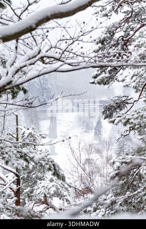 Rami carichi di neve fanno da cornice a un ponte ferroviario con un passaggio ferroviario in lontananza. Composizione invernale verticale con forte profondità e atmosfera accogliente Foto Stock