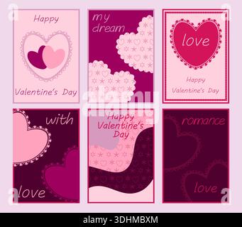 Un set di sei biglietti di San Valentino con iscrizioni romantiche. Ideale per poster, cartoline, pubblicità e vendite. Illustrazione Vettoriale