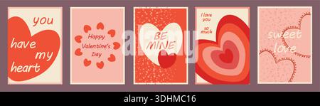 Un set di cinque semplici cartoline di San Valentino con diverse iscrizioni scritte a mano in stile retrò. Perfetto per saluti, inviti, pubblicità, Illustrazione Vettoriale