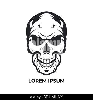 Design vintage monocromatico del modello di teschio umano.Design creativo del vettore di teschio Illustrazione Vettoriale