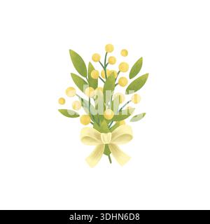 Un piccolo bouquet con fiori primaverili gialli, legati da un fiocco, con ramoscelli, foglie, lame verdi d'erba. illustrazione in stile piatto. Acquerello, pastello Foto Stock
