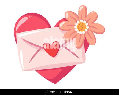 Carino cuore rosso con busta rosa e fiore di pesca. Lettera d'amore. Illustrazione di cartoni animati isolati dal vettore su sfondo bianco Illustrazione Vettoriale