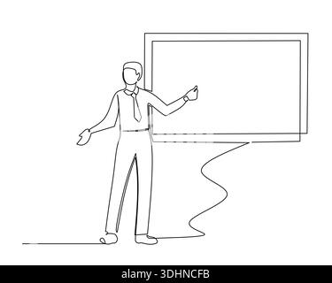 Illustrazione line art che mostra un uomo d'affari che presenta a un pubblico utilizzando un grande schermo vuoto metafora visiva per l'insegnamento, l'apprendimento o l'espla di dati Illustrazione Vettoriale