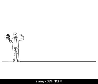 Il disegno minimalista di un uomo che tiene libri e una mela mentre si flette il bicipite simboleggia la forte connessione tra conoscenza, istruzione e. Illustrazione Vettoriale