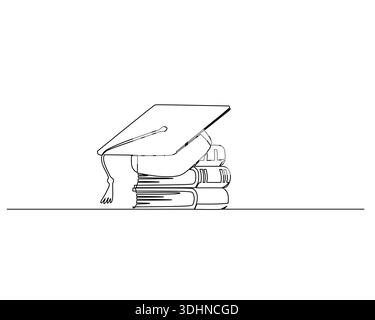 L'arte continua raffigura un cappello di laurea appollaiato su una pila di libri accademici, simboleggiando l'istruzione, la conoscenza e il successo Illustrazione Vettoriale