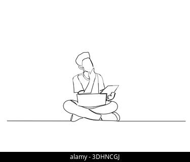 La grafica minimalista in linea continua raffigura una persona seduta a gambe incrociate, che contempla mentre utilizza un notebook e tiene in mano un tablet, suggerendo di imparare o. Illustrazione Vettoriale