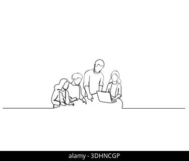 Il disegno continuo presenta quattro persone coinvolte in una sessione collaborativa, con una persona che lavora attivamente su un notebook mentre un altro punto Illustrazione Vettoriale