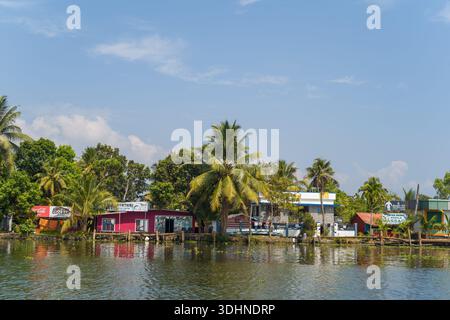 Alappuzha, India - 6 marzo 2023: Diversi edifici lungo il fiume con segnali commerciali visibili, tra cui Coca-Cola e pubblicità di massaggi, sono visti lungo le acque secondarie con palme e un cielo limpido sullo sfondo. Foto Stock