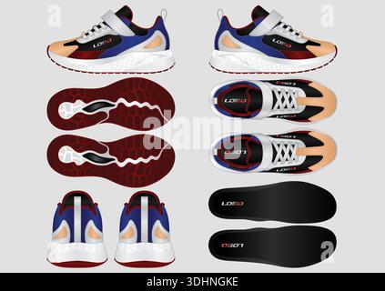 Illustrazione del design delle sneakers casual ragazzo con TechPack e display ad angolazione variabile Illustrazione Vettoriale