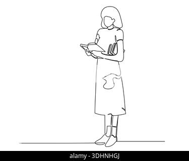 Il disegno minimalista a linea continua raffigura una persona concentrata su un laptop mentre è seduto, offrendo produttività moderna e design semplice Illustrazione Vettoriale