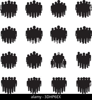 Ripetizione delle silhouette umane di colore grigio scuro. Gruppi di individui sono uniti su uno sfondo nero, simboleggiando la comunità, la collaborazione, e. Illustrazione Vettoriale
