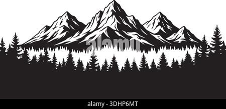 Immagine spettacolare di una vasta catena montuosa e di una fitta foresta di conifere sotto un cielo scuro, che rappresenta Wilderness and Adventure Illustrazione Vettoriale