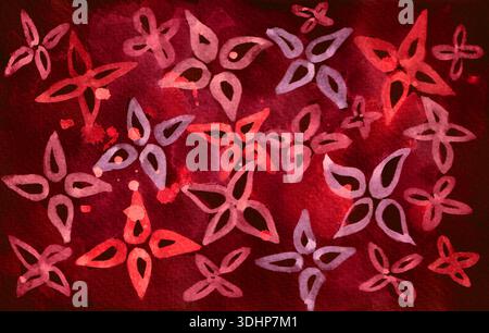 Sfondo ad acquerello rosso intenso con forme astratte floreali o a stella dipinte a mano in sfumature di cremisi e viola. Trama, motivo, elemento di design per tessuti, carta da parati o progetti di San Valentino. Foto Stock
