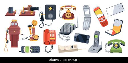 Evoluzione dei telefoni. Dai modelli vintage con ricevitori, dischi agli smartphone moderni, ai dispositivi dal design diverso per conversazioni a lunga distanza Illustrazione Vettoriale