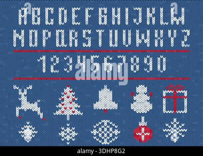 Carattere ed elementi Uniti. Oggetti per le vacanze natalizie invernali, maglione brutto, ornamenti per maglioni, lettere e numeri, albero, regalo di capodanno e.. Illustrazione Vettoriale