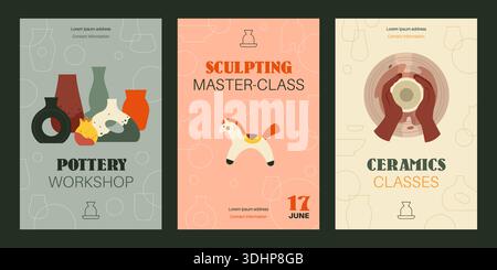 Corsi di perfezionamento in ceramica. Formazione sulla scultura dell'argilla, creazione di piatti, giocattoli e vasi, laboratorio di ceramica, inviti e progettazione di saluti per le lezioni Illustrazione Vettoriale