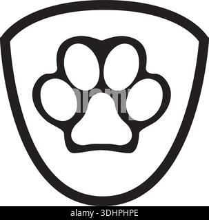 Emblema di protezione dell'icona solida degli animali domestici, concetto di ospedale animale, cartello del logo di cura degli animali su sfondo bianco, icona zampa animale sullo scudo Illustrazione Vettoriale
