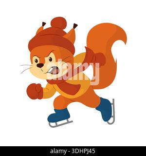 Uno scoiattolo cupo che pattina sul ghiaccio. Illustrazione vettoriale. Una divertente mascotte di animali per gli sport invernali. Adatto per l'educazione dei bambini, il branding e le vacanze Illustrazione Vettoriale