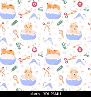 Grazioso motivo senza cuciture per il salone di cura degli animali domestici. Gatti e cani fanno il bagno in una vasca da bagno con schiuma, bolle di sapone e accessori come forbici, spazzole, zampe e shampoo. Salone di bellezza per animali domestici, cura del corpo. Illustrazione Vettoriale